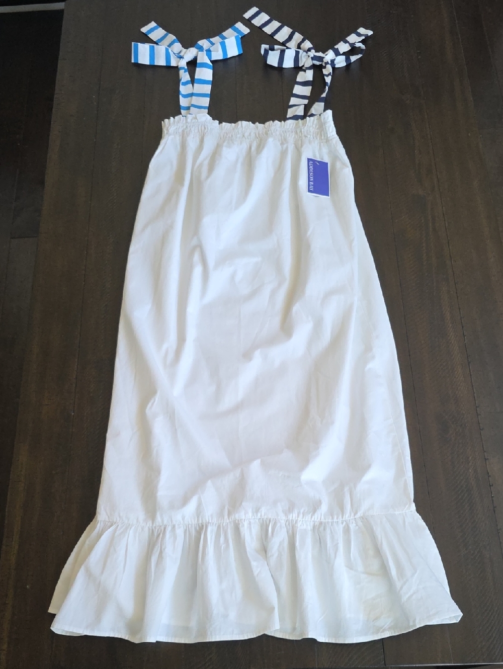 NWT Addison Bay White Coastal Midi Poplin Sundress Striped Tie Straps Ruffle, M